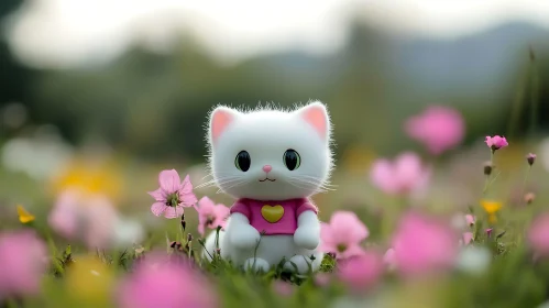 Cute Toy Cat Surrounded by Flowers in Nature