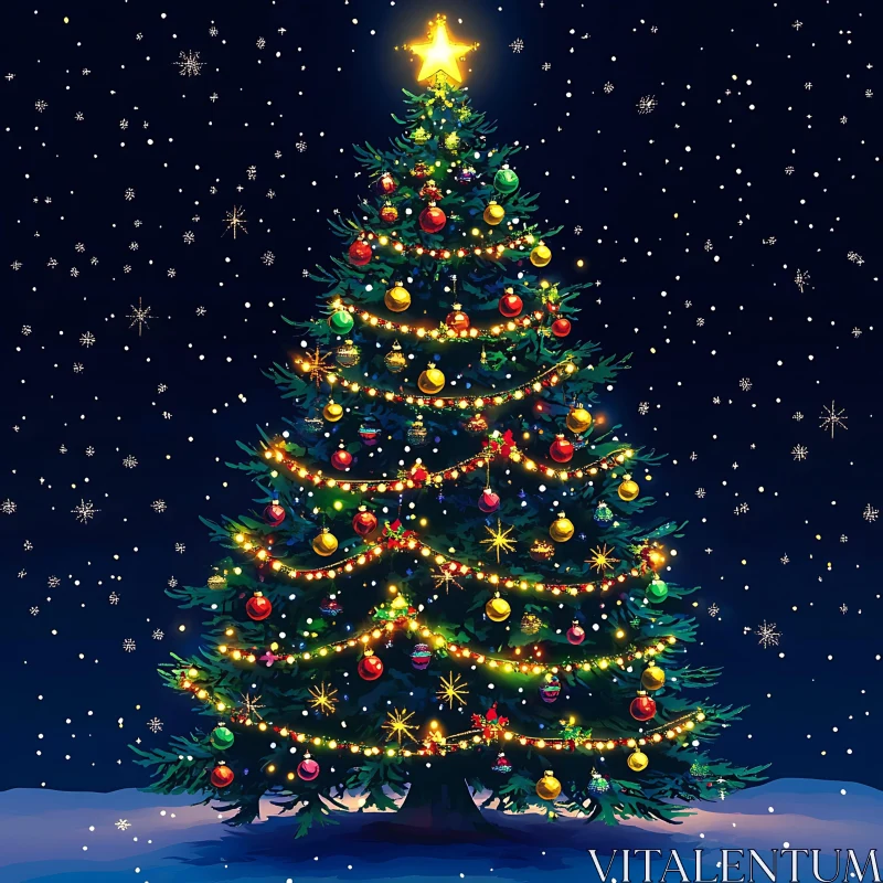 Festively Decorated Outdoor Christmas Tree with Snowflakes AI Image