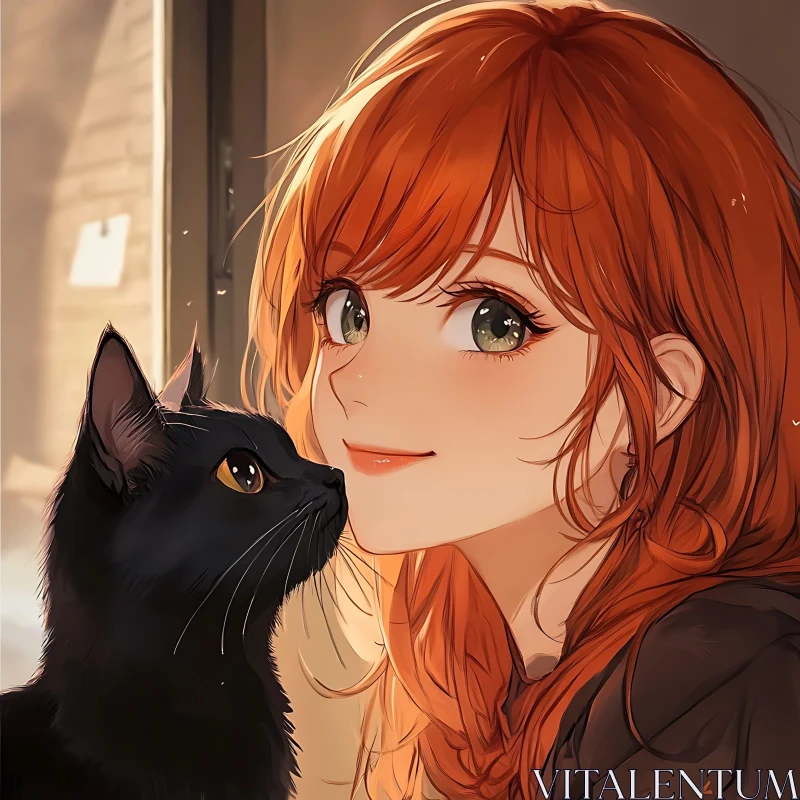 Heartwarming Anime Art of Girl with Cat AI Image