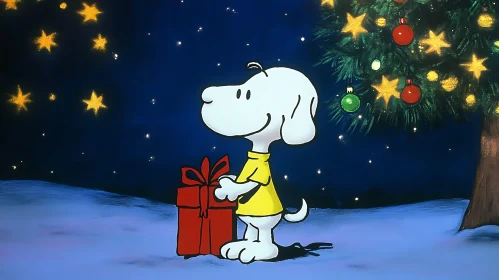 Dog with Gift at Christmas Night