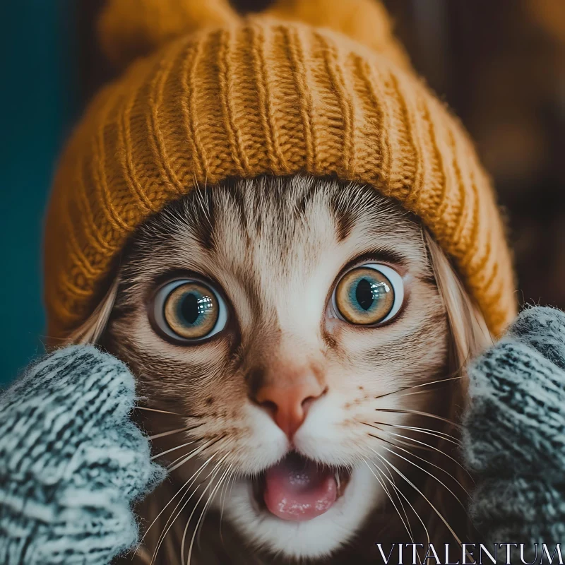 Surprised Cat in a Cozy Winter Outfit AI Image