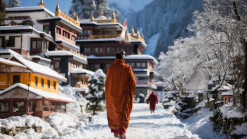 A Serene Journey: Monk Walking on Snow-Covered Mountains