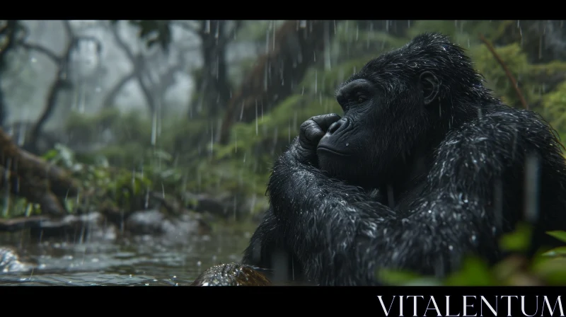 A Touching Image of a Sad Gorilla in the Rain AI Image