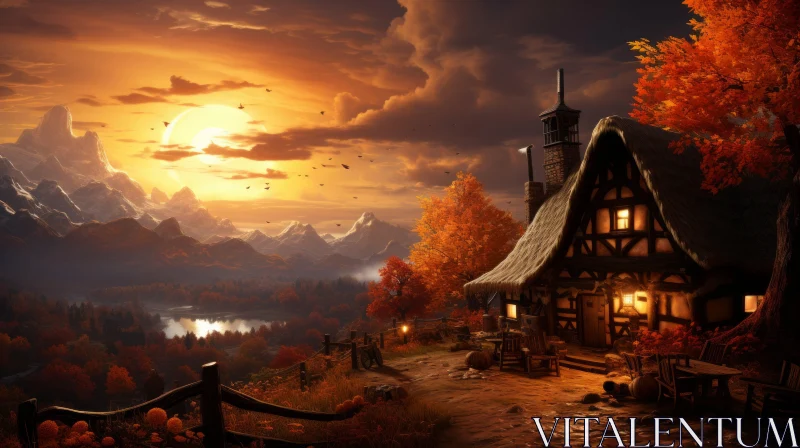 Autumnal Fantasy Cottage Amidst Mountainous Vistas AI Image
