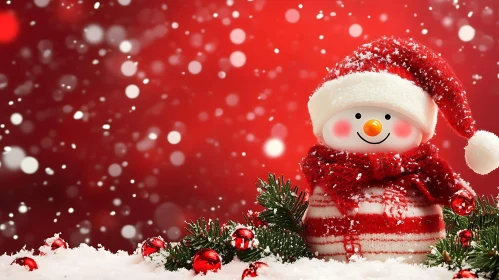 Festive Red Christmas Scene with Adorable Snowman