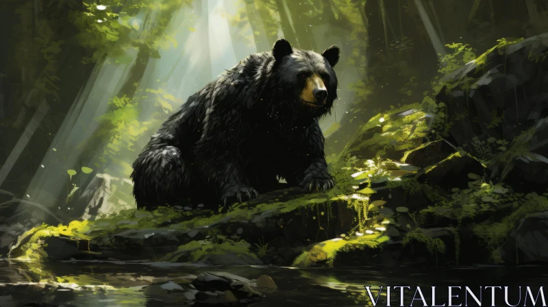 Black Bear in the Forest: A Finely Detailed Illustration AI Image