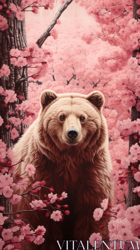 Brown Bear Amidst Pink Cherry Blossoms - A Captivating Wilderness Portrait AI Image