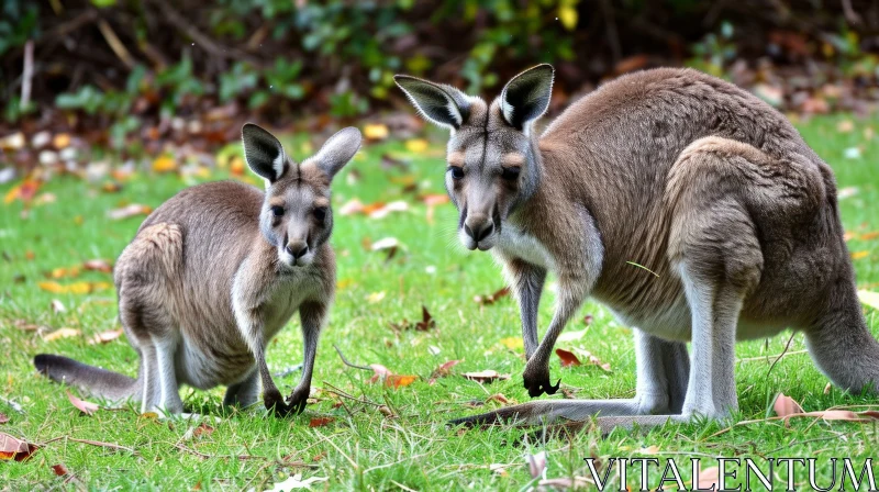 Captivating Image of Kangaroos on Green Grass with a Joey in Pouch AI Image