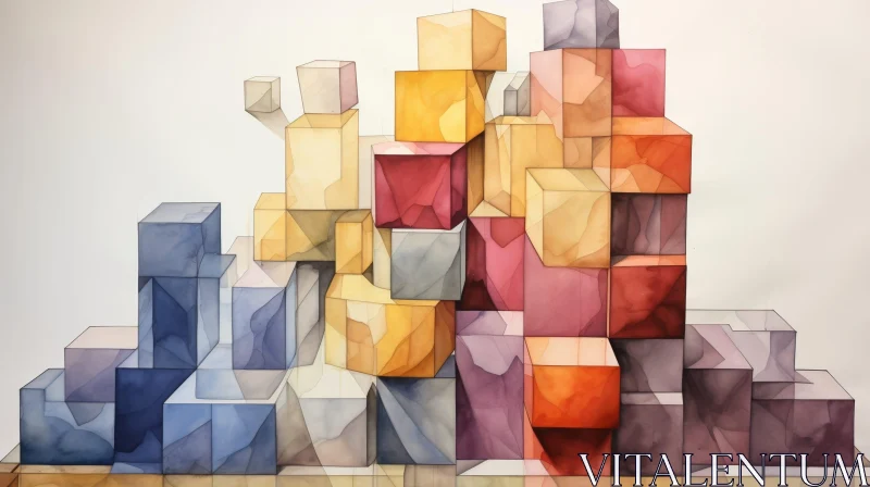 AI ART Cityscape Watercolor Cubes Painting