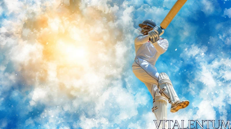 Cricket Player Swinging Bat Under Sky and Clouds - Precise and Lifelike Artwork AI Image