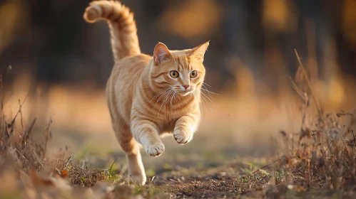 Tabby Cat Leaping in Fall Field