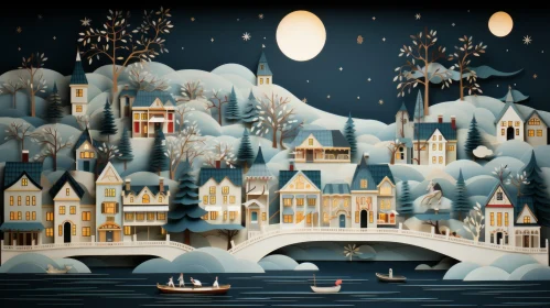 Delicately Detailed Paper Art Illustration of a Romantic Moonlit Village and River