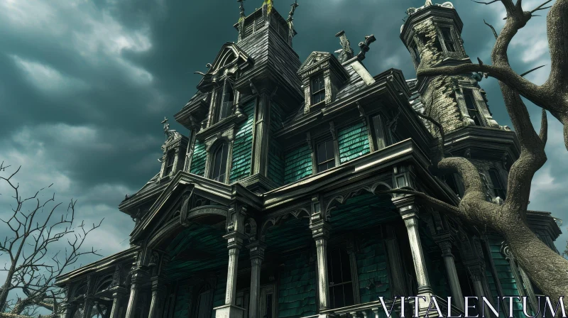 Eerie and Decaying Mansion Under a Dark Sky AI Image