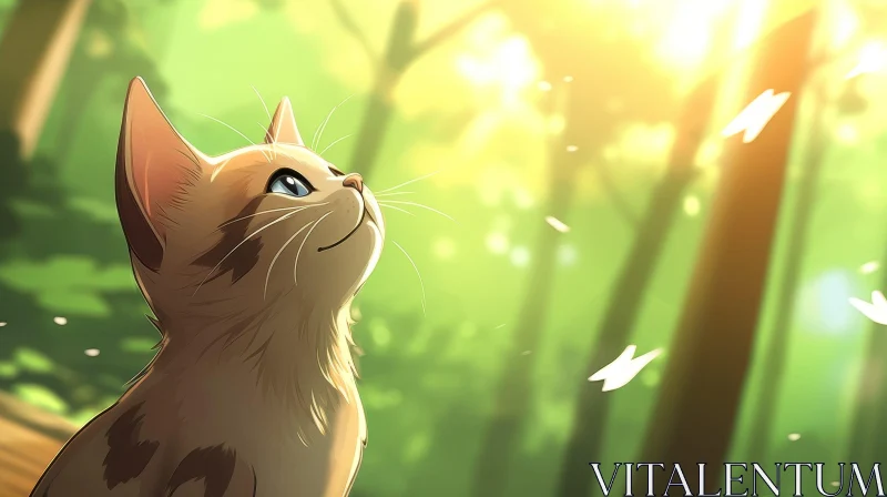 Enchanting Cat in Forest Digital Painting AI Image
