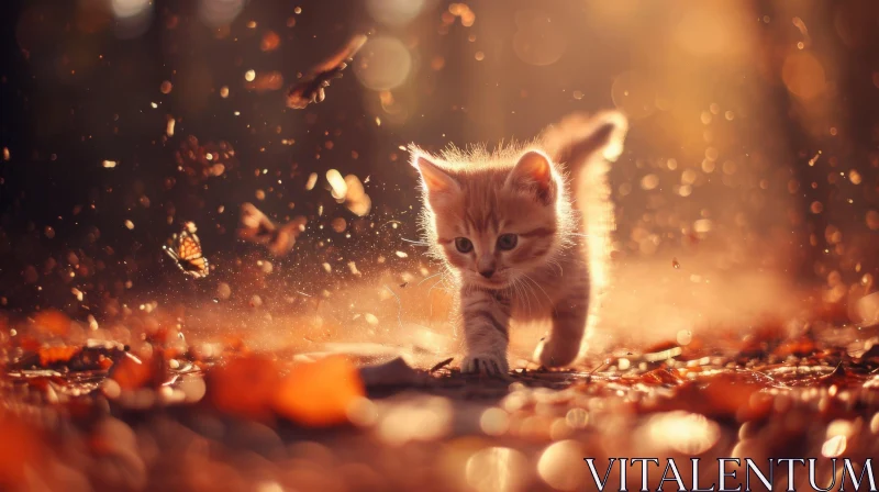Enchanting Orange Kitten Walking in a Fall Forest AI Image
