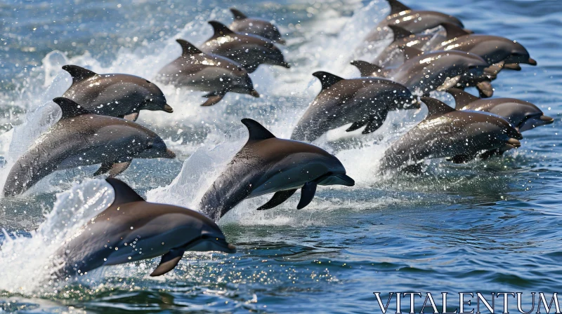 Graceful Dolphin Pod Jumping in Sunlight AI Image