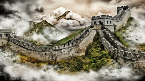 Great Wall of China: Surreal Collage with Atmospheric Clouds