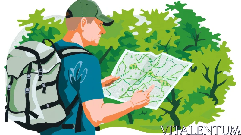 AI ART Lost Man in Green Forest with Map