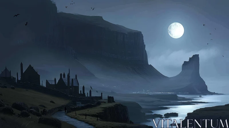 Mysterious Dark Fantasy Landscape with Small Village on Cliff AI Image