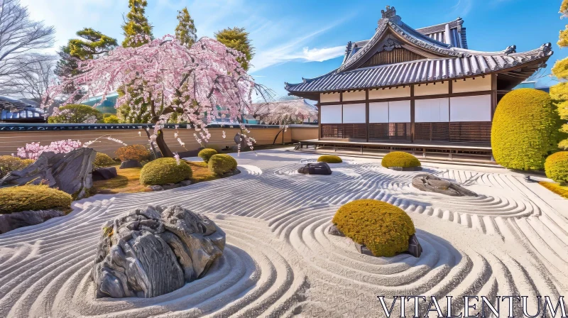 Tranquil Zen Garden with Blossoming Tree and Japanese House AI Image