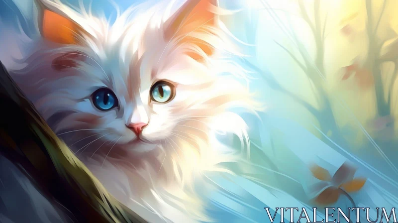 White Cat on Tree Branch - Digital Painting AI Image
