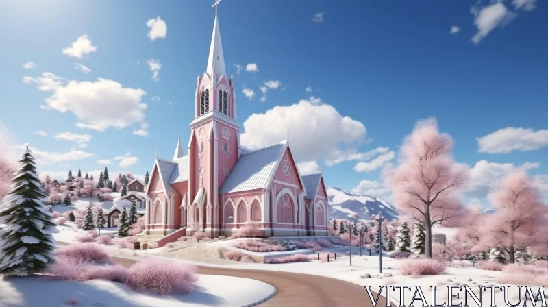 AI ART Winter Church Scene with Snow-Covered Trees and Mountains