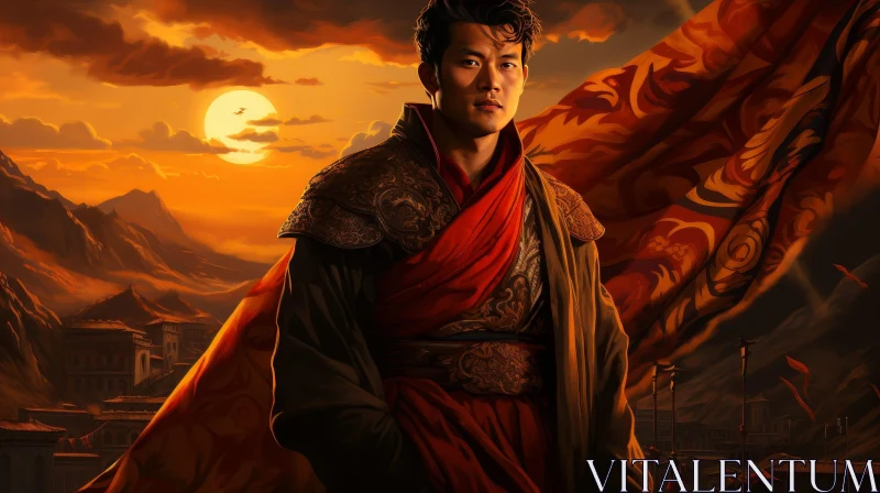 AI ART Young Asian Man in Robe at Sunset Painting