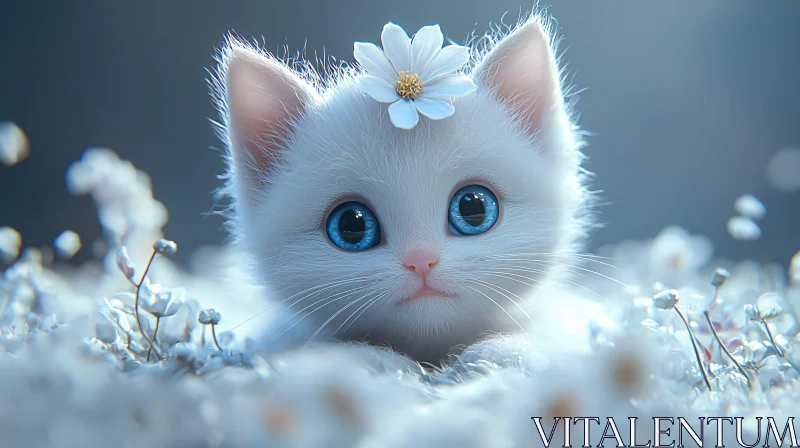 AI ART Charming White Cat with Blue Eyes and Flower Crown