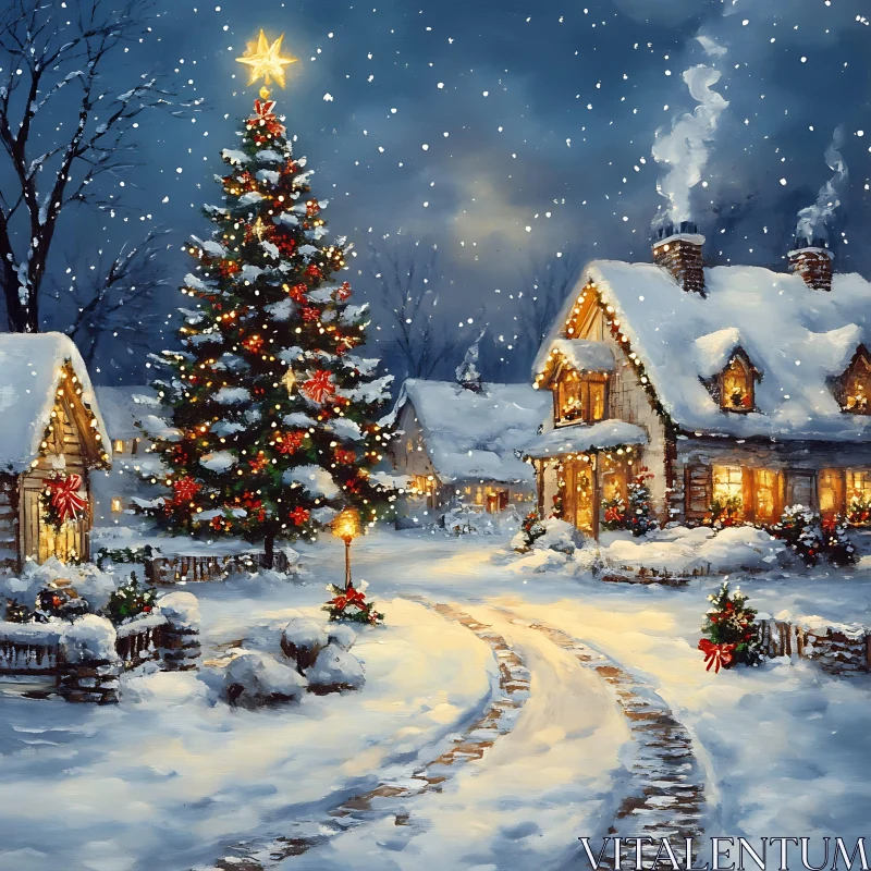 Snowy Christmas Village with Decorated Trees and Lights AI Image