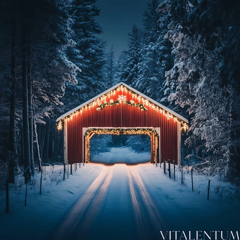 AI ART Festively Lit Snowy Pathway Through Wooden Bridge