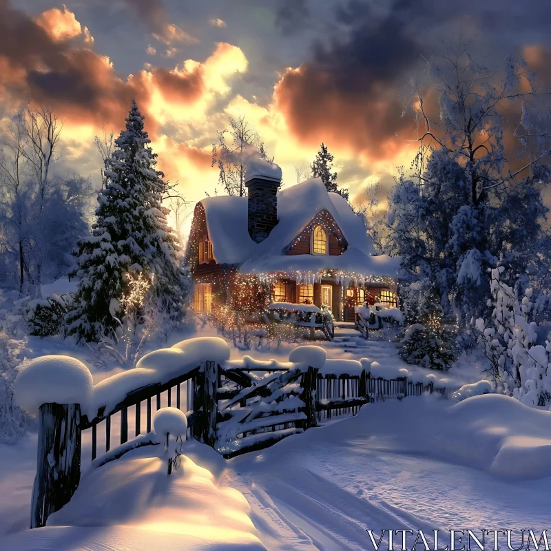 Winter Cabin in Snow with Glowing Lights AI Image