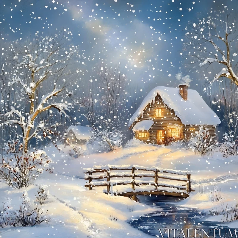 Cozy Winter Cabin Amidst Snowy Landscape AI Image