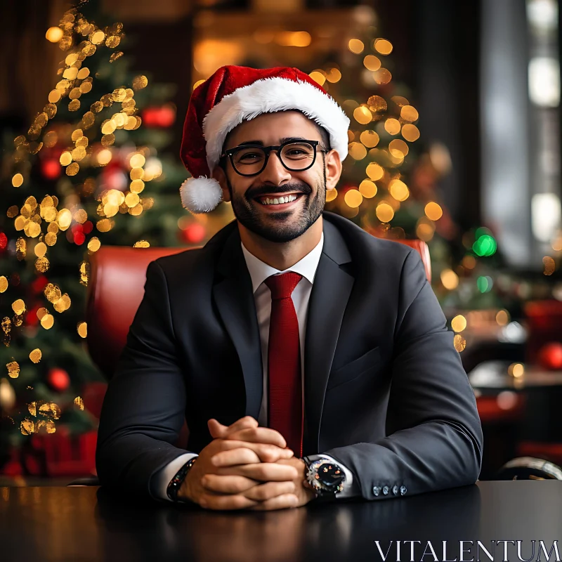 Festive Office Vibes with Businessman in Santa Hat AI Image