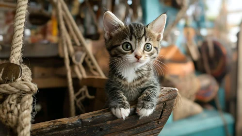 Charming Kitten in Rustic Maritime Scene