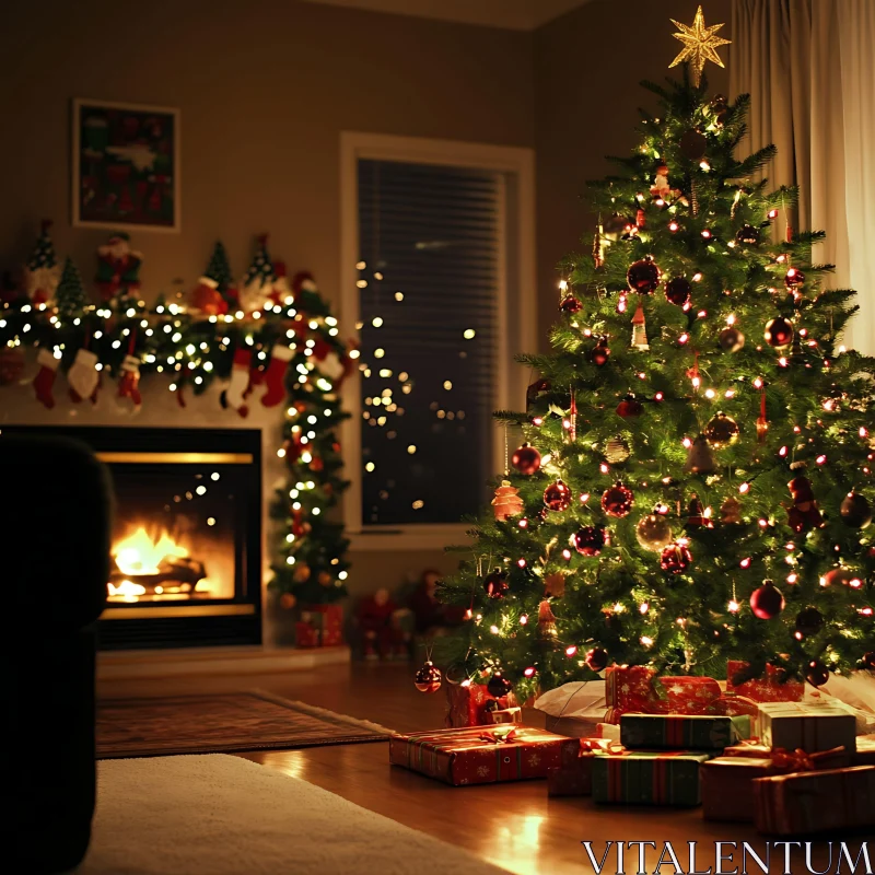 Warm Christmas Scene with Tree, Fireplace, and Decorations AI Image