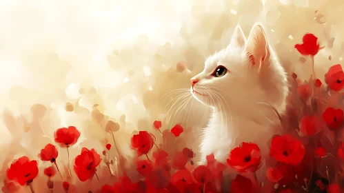 White Cat Surrounded by Red Flowers