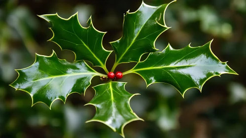 Holly Leaves and Berries in Sharp Focus