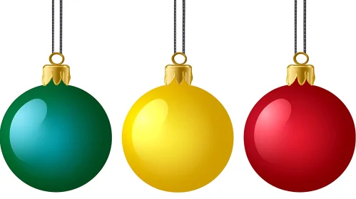 Festive Christmas Baubles in Green, Yellow, and Red