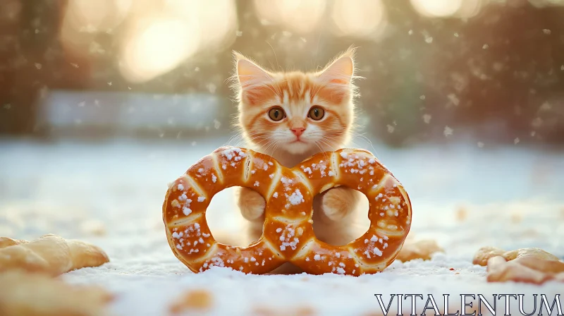 Cute Kitten with Snow-Dusted Pretzels AI Image