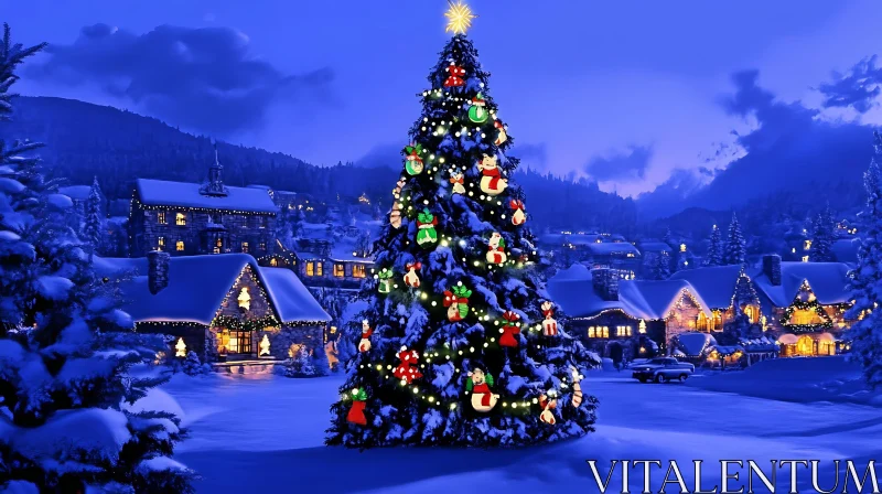 Christmas Tree Adorned with Ornaments in a Snowy Village AI Image