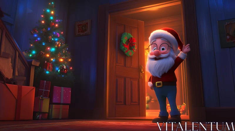 Santa by the Christmas Tree with Gifts AI Image