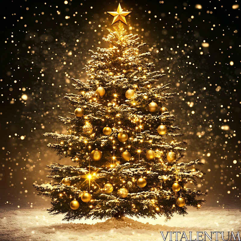 Christmas Tree in a Snowy Holiday Scene AI Image