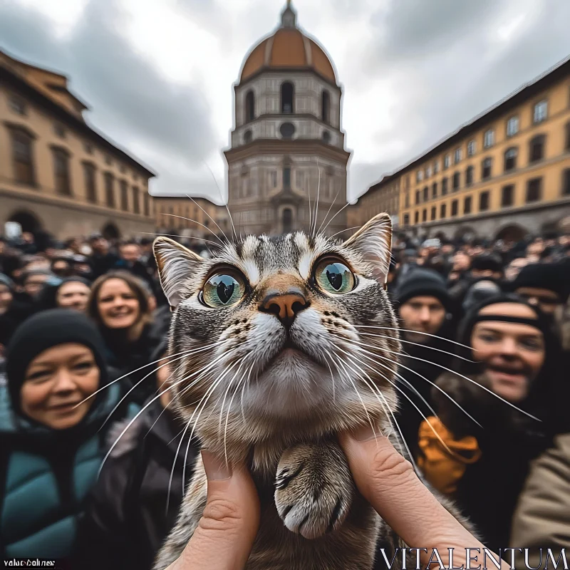 Adorable Cat with Historical Building and People AI Image