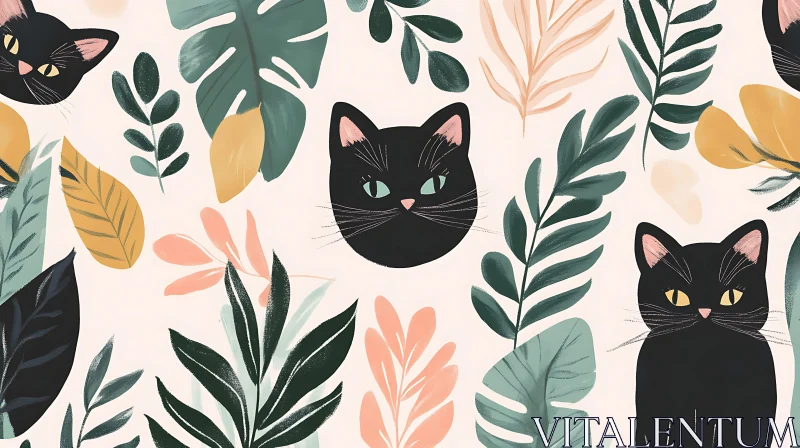 AI ART Black Cats in Tropical Botanical Pattern