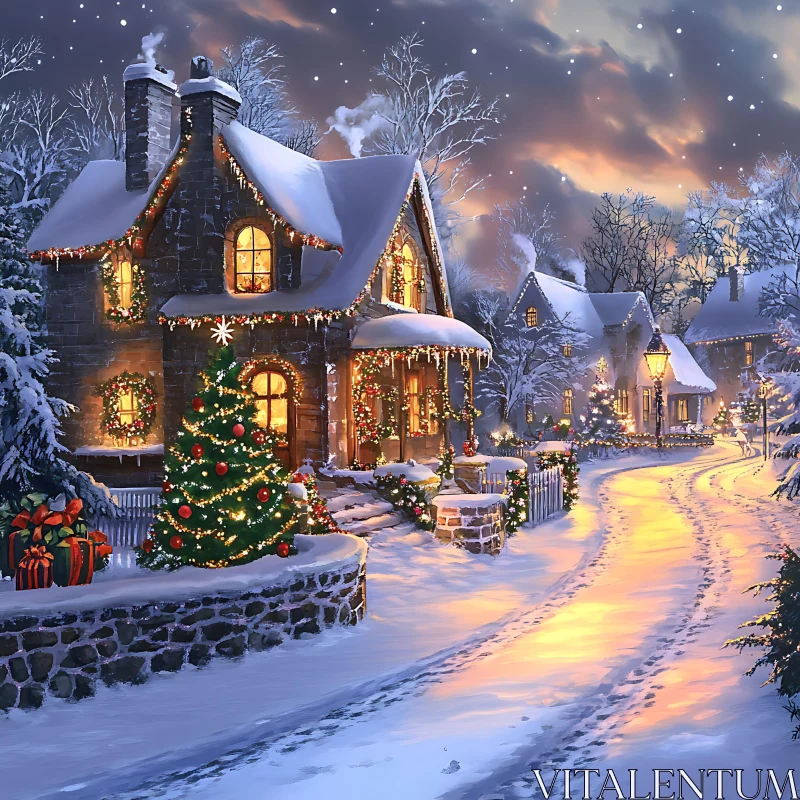 Snowy Christmas Village Scene with Lights AI Image