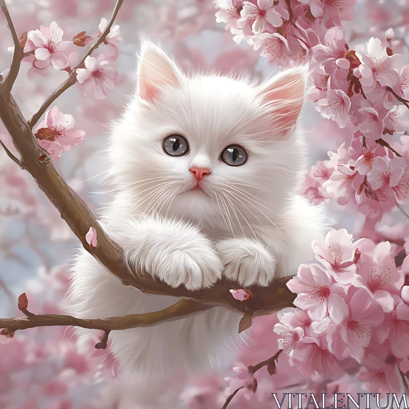 Fluffy Kitten in Spring Cherry Blossoms AI Image