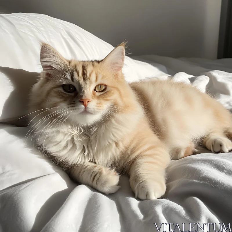 Cozy Sunlit Fluffy Cat on Bed AI Image