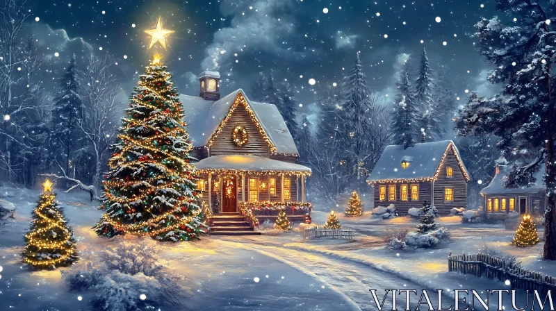 AI ART Festive Winter Wonderland with Decorated Cabin and Trees