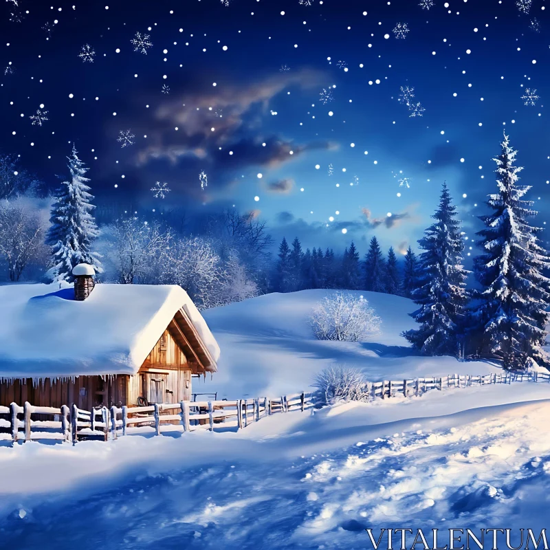 Snow-Kissed Cabin in Winter Night AI Image