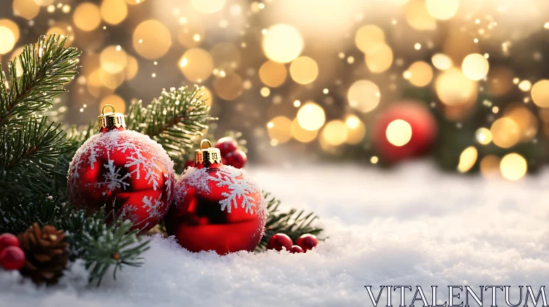 AI ART Snowy Christmas Ornaments and Bokeh Background